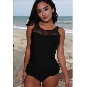 Black Mesh Panel Ruffled One Piece Swimsuit Sz SM